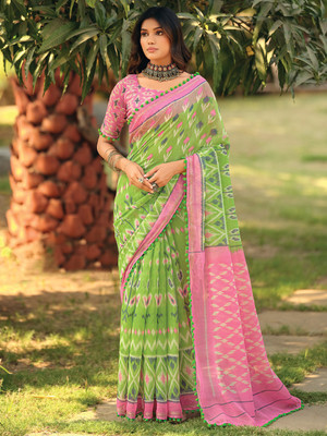Tasrika Printed Ikkat Cotton Blend Saree(Light Green)