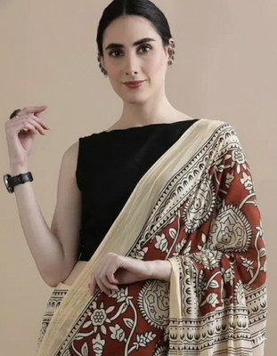 NAARI TEXTYLES Floral Print, Hand Painted, Checkered, Dyed, Printed, Digital Print, Self Design Bollywood Pure Cotton Saree(Brown, Cream)