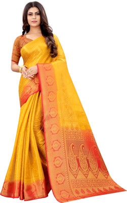 Saarah Self Design Kanjivaram Art Silk Saree(Yellow)