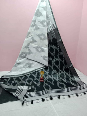 govind handloom Printed Bollywood Cotton Linen Saree(White, Black)