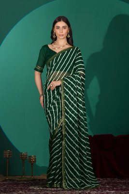 Disha Fashion Striped Leheria Georgette Saree(Green)