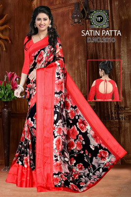 VISIONEMBRO Printed Bollywood Georgette, Satin Saree(Red, Black)