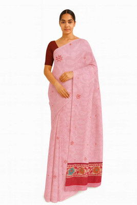koda Floral Print Chanderi Cotton Silk Saree(Pink)