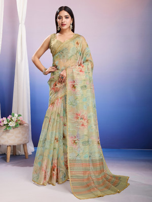 Tasrika Floral Print, Printed Bollywood Organza Saree(Green)