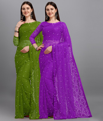 LOROFY Self Design Bollywood Net, Brasso Saree(Pack of 2, Multicolor)