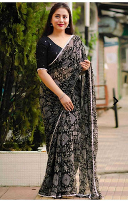 DAZLIO Printed Bollywood Georgette Saree(Black, White)