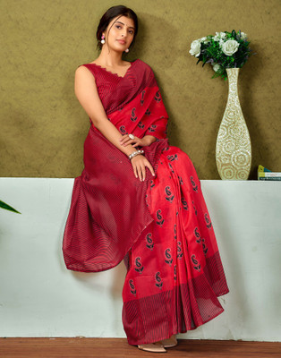 Samah Floral Print, Geometric Print, Printed Sambalpuri Chanderi, Cotton Blend Saree(Red)