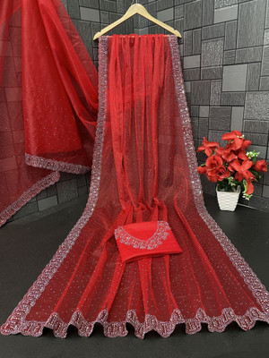 HouseOfCommon Embellished Bollywood Supernet Saree(Red)