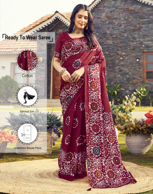 Divastri Floral Print, Geometric Print Bollywood Cotton Blend Saree(Maroon, White)