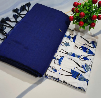 DRAPERIA Printed Handloom Cotton Blend Saree(Pack of 2, Dark Blue)