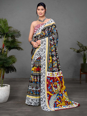 Munir Clothing Printed Daily Wear Cotton Blend Saree(White)