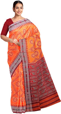 handloom paridhaan Hand Painted, Self Design Handloom Pure Cotton Saree(Orange, Maroon)