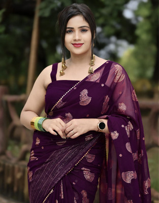 Samah Printed, Embellished Bollywood Georgette, Chiffon Saree(Purple, Gold)
