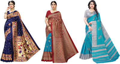 YASHIKA Printed, Woven Kalamkari Art Silk Saree(Pack of 3, Dark Blue, Blue, Red, Grey)