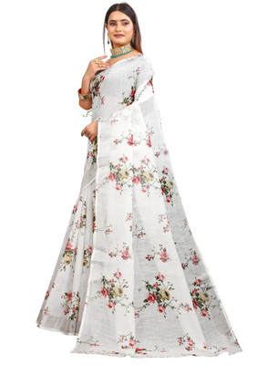 HouseOfCommon Self Design Kanjivaram Pure Cotton, Cotton Linen Saree(White)