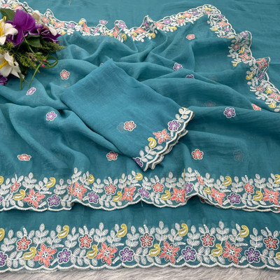 niesha fashion Embroidered, Floral Print Bollywood Chiffon Saree(Light Blue)