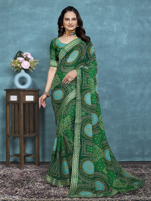 Kanooda Prints Printed Bollywood Georgette Saree(Green)