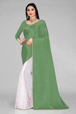 VANRAJ CREATION Color Block Bollywood Satin, Net Saree(White, Light Green)