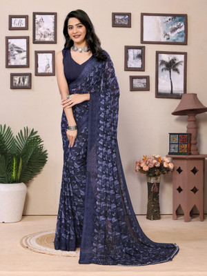 SARETRA MALL Solid/Plain Daily Wear Georgette Saree(Blue)