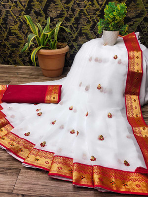 ADITYCREATION Embroidered Chanderi Cotton Blend Saree(White)