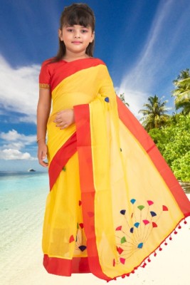 Mune Embroidered Handloom Handloom Pure Cotton Saree(Yellow, Red)