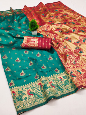 VASTUKALA Woven Kanjivaram Pure Silk, Art Silk Saree(Light Blue, Red)