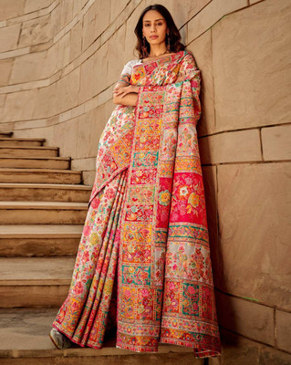 AAGIRI Embellished, Paisley, Self Design, Woven Paithani Cotton Silk Saree(White, Pink)