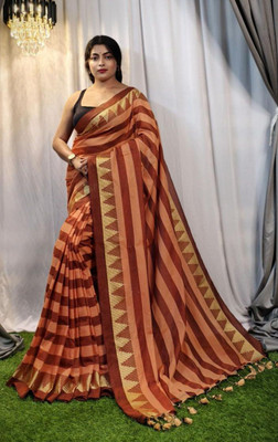 ANU INDIAN FASHION Striped, Woven Handloom Cotton Blend Saree(Multicolor)