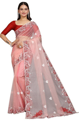 NIYANTAKSH Embroidered Bollywood Net Saree(Orange)