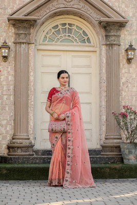 Bhakti Creation Embroidered Bollywood Net Saree(Pink)