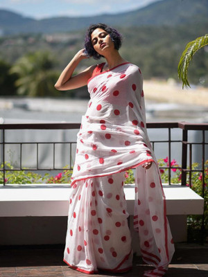 kriyafashion Digital Print Chanderi Cotton Linen Saree(White)