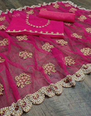 Radheradhey Embroidered, Floral Print Bollywood Net Saree(Pink)