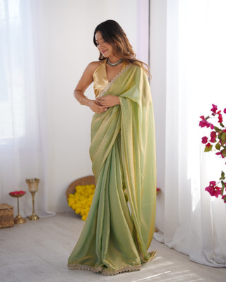 Kalista Embellished, Solid/Plain Bollywood Tissue Saree(Green, Gold)