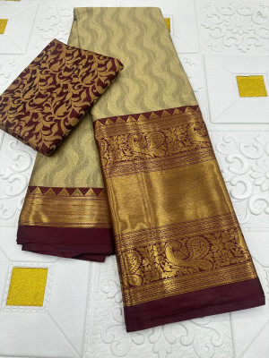 MM VENTURE Woven Kanjivaram Jacquard Saree(Beige)