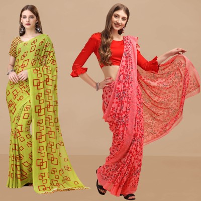 Dori Printed Daily Wear Georgette Saree(Pack of 2, Green, Red)