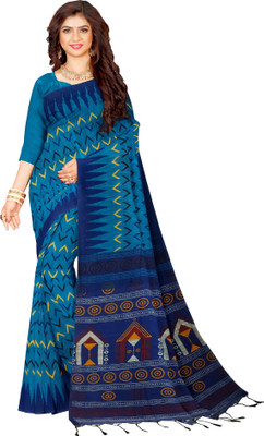 Joyguru Textile Geometric Print, Printed, Temple Border Sambalpuri Cotton Blend Saree(Blue)