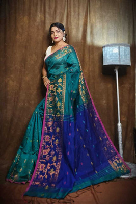 AMIT STORE Self Design Handloom Cotton Silk Saree(Blue)