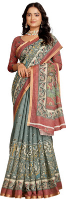 M MAANVIT Woven, Printed Kanjivaram Pure Cotton, Cotton Linen Saree(Dark Blue, Pink)