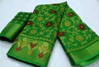 Vragi Floral Print Bollywood Cotton Blend, Brasso Saree(Green)