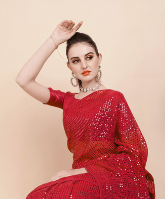 Bluebirdimpex Embellished Bollywood Georgette Saree(Red)