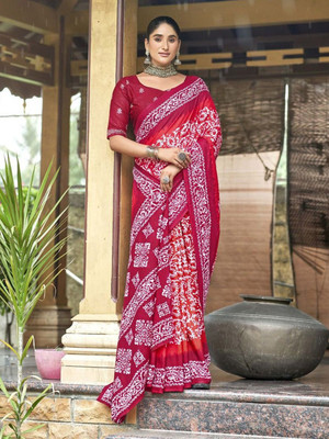 all about you Printed Daily Wear Silk Blend Saree(Red)