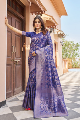 Tasrika Self Design Kanjivaram Cotton Silk Saree(Blue)