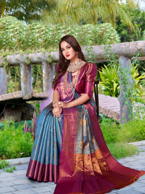 jayant creation Printed Daily Wear Silk Blend, Jacquard Saree(Light Blue)