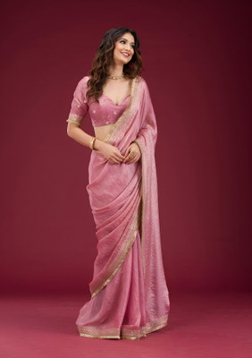 Bhojal Creation Embroidered Bollywood Silk Blend Saree(Pink)