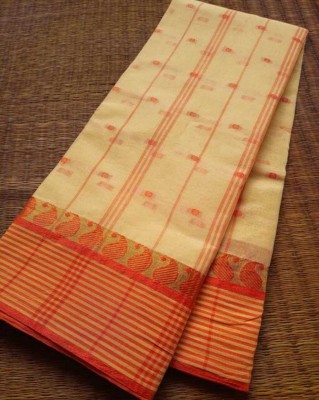 Ghosh handloom Temple Border Tant Cotton Blend Saree(Orange)
