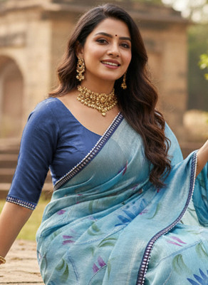 Sareez House Blocked Printed Bollywood Jimmy choo Saree(Blue)