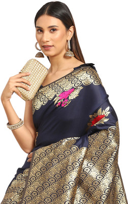 Akhilam Embroidered Banarasi Silk Blend Saree(Dark Blue)