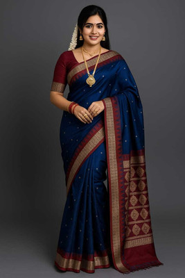 Afronza Temple Border, Self Design, Striped Sambalpuri Silk Blend, Art Silk Saree(Dark Blue)