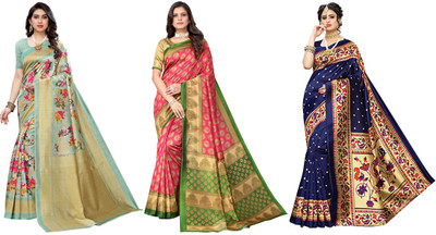 Nirvaan Printed Kasavu Art Silk Saree(Pack of 3, Light Green, Pink, Dark Blue)