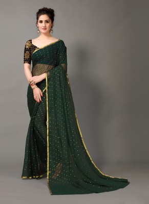 Hritika Embellished Daily Wear Chiffon Saree(Dark Green)